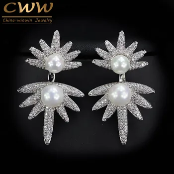 CWWZircons 2022 Trends Brand Cubic Zirconia Stone Faled Dangle Double Pearl Earring for Women Unique Designer Jewelry CZ351