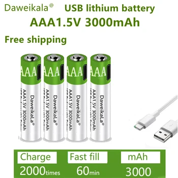 Daweikala USB AAA įkraunamos baterijos 1.5V 3000 mAh ličio jonų baterija nuotolinio valdymo peleiElektrinė žaislinė baterija+ C tipo laidas