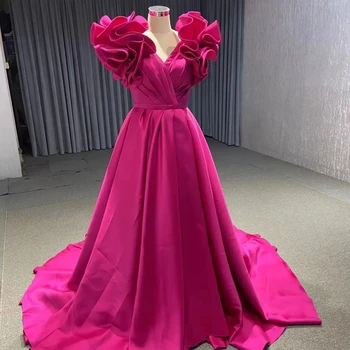 Delicate Hot Pink A Line Prom suknelės moteriškoms 2023 V kaklo berankovės grindų ilgio plisuotos raukiniai vakariniai chalatai