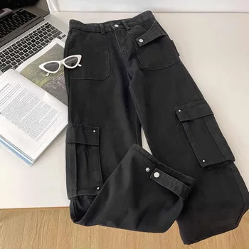 Didelio dydžio aukštos gatvės darbo drabužiai Džinsai Moterų pavasario vasara Naujas juodas dizainas su kišenės pojūčiu Tiesios kojos plačios kojų kelnės