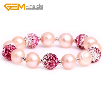 Didmeninė prekyba:10mm Pink Pearl & Pink Rhinestone Pave Disc Ball Bead Elastic Bracelet Jewelry for Women Girl Xmas Gifts Free Shipping