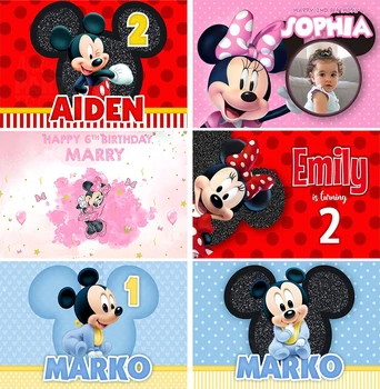 Disney animacinis filmas Mickey Minnie Mouse Donald Duck Happy Birthday Backgrounds Decors Vinilo audinio vakarėlio fonai Baby Shower Banner