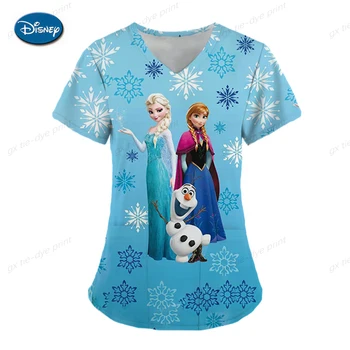 Disney Princess Print Scrub Tops Women Vet Nurse Uniform Short Sleeve Blouse Pet Groming Veterinaria Working Clothes Top