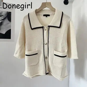 Donegirl 2023 Naujos moterys Kietos kišenės Atlapas Megztas megztinis Viengubas krūtinė Trumpi megztiniai Lieknas Laisvalaikis Kelionė į darbą ir atgal Paprastos viršūnės Prašmatnus