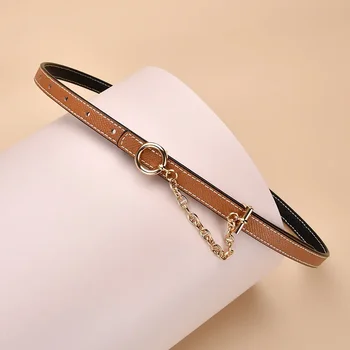 Double Face Real Leather Slim Belt for Women New Design Slide Buckle Genuine Waist Belt with Chain