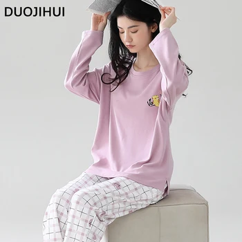 DUOJIHUI kontrastinė spalva prašmatniai spausdinama moteriškų pižamų komplektas Rudens O-kaklo megztinio pagrindinė kelnaitė Paprasta laisva madinga pižama moterims
