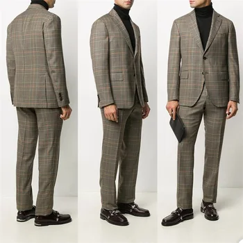 Dviejų dalių smėlio spalvos vyriški kostiumai Šiuolaikiniai britų pledai Pagal užsakymą pagaminti gražūs pavasario kostiumai tinka plonas oficialus verslo paltas + kelnės