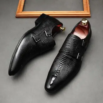 Dydis nuo 6 iki 12 Vyriški suknelės batai Natūralios odos dviguba sagtis Vienuolio dirželis Vyriški batai Gyvatės atspaudo kepurė Toe Klasikinis itališkas Oksfordo batas