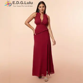 EDGLuLu V-Neck elegantiškos vakarėlio suknelės moterims 2023 Suvarstomos seksualios suknelės be nugaros be rankovių plyšio raudona ilga suknelė 1211