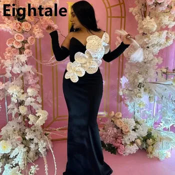 Eightale 2023 Black Velour Undinės vakarinė suknelė ilgomis rankovėmis Prom suknelė Moteriškos gėlės Oficiali Dubajaus vakarėlio suknelė Chalatai De Soirée