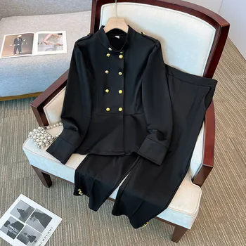 Elegant Office Lady Blazer Suit Metal Button ilgomis rankovėmis paltas aukštu juosmeniu tiesių kelnių rinkinys 2023 m. pavasario prašmatnios moterys 2 dalių rinkiniai