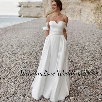 Elegant Satin V-Neck Off the Shoulder Beach vestuvinė suknelė moterims A-Line Spetless Backless Vestidos Elegantes Feminino 2024