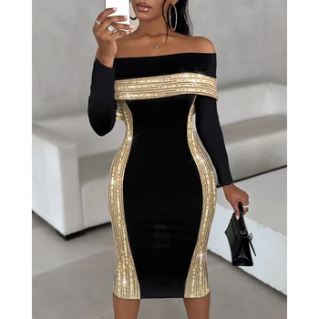 Elegant Women Contrast Sequin A Line Long Sleeve Midi Dress Colorblock Off the Shoulder Slim Party Dress Outfits y2k Clothing