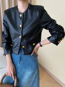 Elegantiška apkarpyta odinė striukė moterims 2024 m. pavasario ruduo Trend Auksinių sagų dizainas Vintage Simple O-neck PU odinis paltas