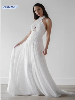 Elegantiška apykaklės karoliukais Vestuvinė suknelė Romantiška berankovė A-linijos nuotakos chalatas Grakštus Vestidos De Novia