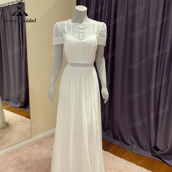 Elegantiška nėriniuota Liemenė Šifonas Grindų ilgio Boho Beach vestuvinė suknelė trumpomis rankovėmis 2023 m. Nuotakos suknelė hochzeitskleid Roycebridal