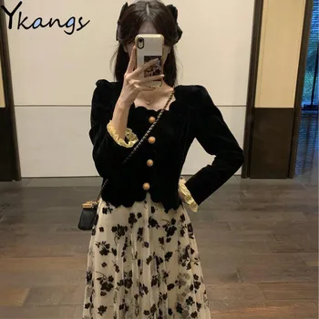 Elegantiškas sijonas Dviejų dalių komplektas Moteriškas aksominis vienspalvis raukinys ilgomis rankovėmis + Gėlės Tiulio sijonas Korėjiečių mados drabužiai