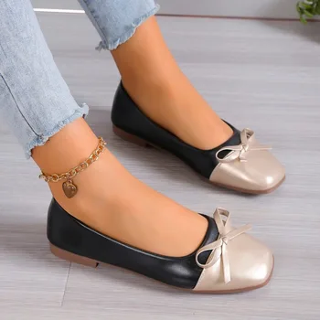 Elegantiški moteriški plokšti batai 2024 Nauji karštai parduodami žemų kulnų mados moteriški batai Mišrios spalvos kvadratinis pirštas Patogūs moteriški batai