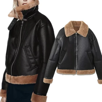 Elmsk American Retro Plush Flight Jacket With Leather Jacket Zipper Winter Boyfriend Style Coat Women