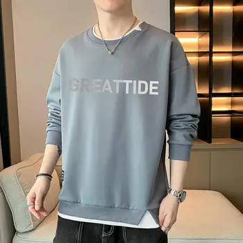 Fake Two-piece Sweatshirt Men's Fall Winter Letter Print Sweatshirt Two-piece Design O Neck Soft Warm Thick Pullover for Wear