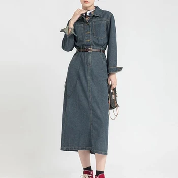 Fashion Chic Lapel Moteriška džinsinė suknelė pilnomis rankovėmis Viengubos kišenės Plonas juosmuo Vidutinio ilgio moteriška džinsų suknelė 2023 ruduo