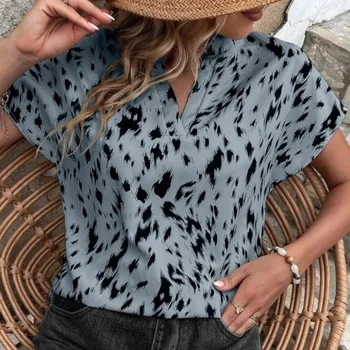 Fashion Leopard Print Tops Vintage Short Sleeve V Neck Palaidinė moterims Laisvi moteriški marškiniai Biuro laisvalaikio drabužiai Blusas Mujer 25584