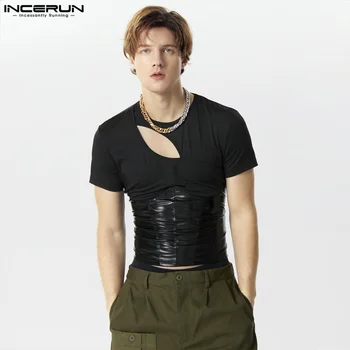 Fashion New Men's Hollow Patchwork Leather Design marškinėliai Seksuali asmenybė Vyriška trumpomis rankovėmis Camiseta S-3XL INCERUN Tops 2024