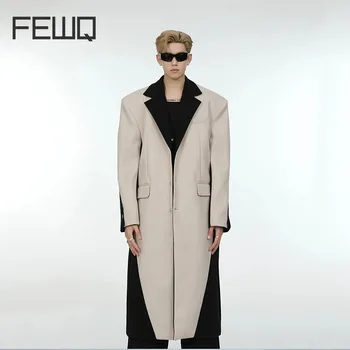 FEWQ Nišos dizaino kontrastas Spalva Vilnonis paltas Laisvas žieminis vidutinio ilgio pečių pagalvėlė Tranšėja 2023 Korėjos mados vyrų tranšėja 24X3150