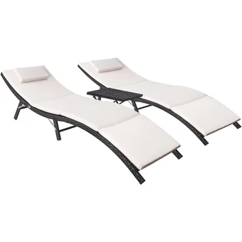 Flamaker Patio Chaise Lounge su pagalvėlėmis Nereguliuojamas modernus lauko baldų komplektas PE pinti rotango atlošo gultai 3 vnt