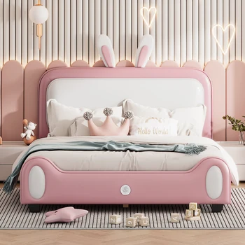 [Flash Sale]Full/Twin Size Apmuštas triušio formos princesės lovos platformos lovos rėmas su galvūgaliu ir kojele balta + rožinė[US-W]
