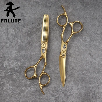 FnLune 6 auksinis lankinis peilis Profesionalios plaukų salono žirklės Kirpyklos aksesuarai Kirpimas Retinimo šlyties kirpyklos Įrankiai Žirklės