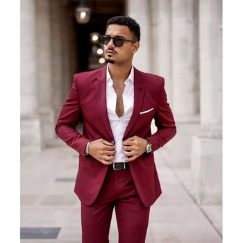 Formal Notch Lapel Single Breasted Suits for Men Burgundy Chic Casual Office Business Wedding Tuxedo 2 Piece Blazer with Pants