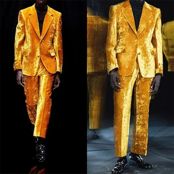 Formalus geltono aksomo vyriškų kostiumų komplektas vestuviniam švarkui Smokingas 2 vnt Švarkas+Kelnės Pagal užsakymą pagaminta prom suknelė vyriškas paltas