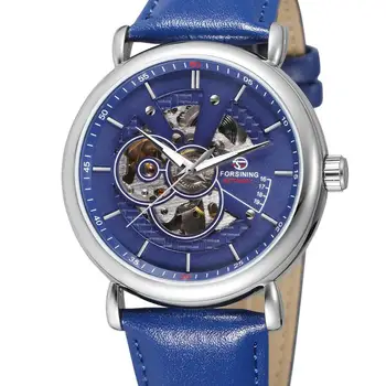 FOSINING WATCH mados tendencija atsitiktinis paprastas vyriškas mėlynas ciferblatas sidabrinis dėklas mėlynas odinis dirželis automatinis mechaninis laikrodis