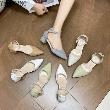 French Girls Pointed Toe Chunky Heel High Heels Fashion Ankle Strap Mid Hollow Women Pumps 2024 Shallow Mouth Party Prom Batai