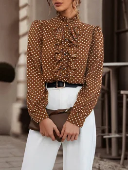 French Ruffles Print Marškiniai Palaidinė Moterys Rudens mada ilgomis rankovėmis Polka Dot marškiniai moterims 2023 Casual Button Top Femme