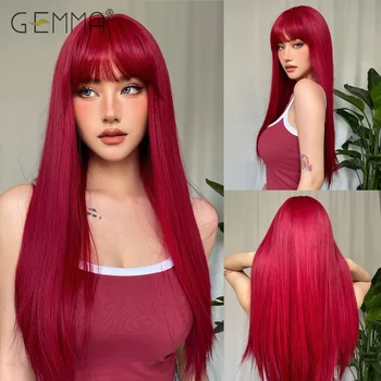 GEMMA vynas raudonas ilgas tiesus perukas Sintetinis cosplay vakarėlis Natūralūs plaukų perukai su kirpčiukais moterims Karščiui atsparus pluoštas moteriškas perukas