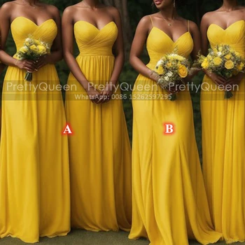 Gold Yellow A Line Bridesmaid Suknelės Long Sweetheart Neck Pleat Chiffon Party Dress Maid Of Honor For Women
