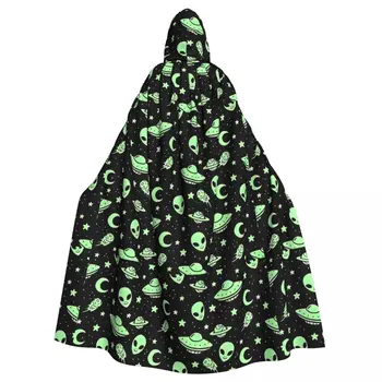 Green Alien UFO Moon Adult Cloak Cape Hooded Medieval Costume Witch Wicca Vampire Elf Purim Karnavalo vakarėlis