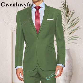 Gwenhwyfar Grass Green Oficialios verslo vestuvės Dviejų dalių kostiumo komplektas Įpjautas atlapas Vyras 2023 Blazers Švarkas Kelnės Kelnės Suknelė