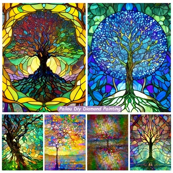 Gyvybės medžio vitražas 5d deimantų tapybos rinkiniai Svajonių šviesos ir šešėlių peizažas Krištolo kryžiaus dygsnio siuvinėjimo kambario dekoras