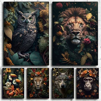 Gyvūnų džiunglių portretai Drobės tapyba Plakatas Spausdinti Liūtas Vilkas Beždžionė Chameleonas Vintažinis sienų menas Svetainės namų dekoras