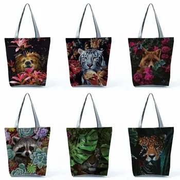 Gėlių gyvūnų dizaino rankinės Fox Tiger Koala Cat Unisex pečių krepšys Lauko paplūdimio totes Didelės talpos pirkinių krepšiai sulankstomi