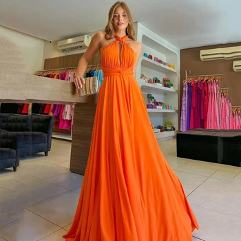 Halter Orange Satin Prom suknelės Criss-Cross Vakarinė suknelė be rankovių 2024 m. Moteriška vakarėlio suknelė فساتين مناسبة رسمية