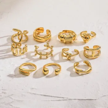 HECHENG,Minimalistinė aukso spalvos geometrinė grandinėlė Atviri žiedai moterims Punk Rock tekstūruoti pirštų žiedai Stacking Band Papuošalai Moteris