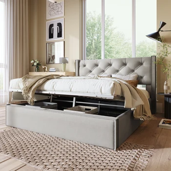 Hidraulinė dvigulė lova apmušta lova 160x200 cm, lova su metaliniu grotelių rėmu, modernus lovos rėmas su sandėliavimo vieta, medvilnė