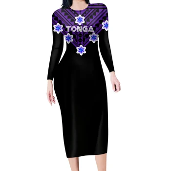 HYCOOL-Tonga teminis vakarėlis Pieštuko juoda suknelė moterims, elegantiška laisvalaikio bodycon, marškinių suknelė, ilgomis rankovėmis, polinezietiška suknelė, nauja