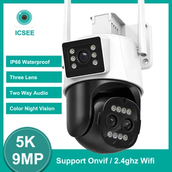 ICSEE 5K 9MP PTZ Wifi kamera Trijų objektyvų 8X priartinimo automatinis sekimas dvipusis garsas Spalvotas naktinis matymas Belaidė Onvif Survalance kamera