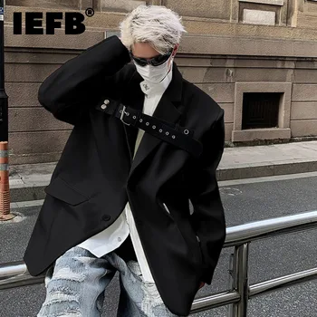 IEFB vyriškas pečių paminkštintas švarkas viengubas krūtinės suvarstomas dirželis Niche Design Casual Suit Jacket 2023 Fashion Tide 9C3661