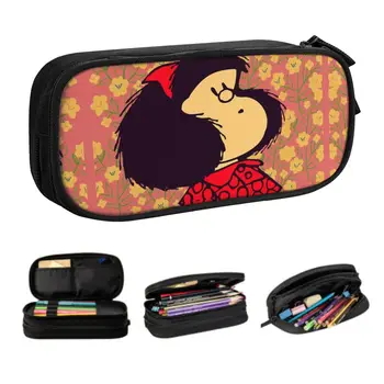 Individualizuota Mafalda ir gėlės Mielas pieštukų dėklas Mergaitė Berniukas Didelės talpos Quino Kawaii animacinis pieštukų krepšys Mokykliniai reikmenys